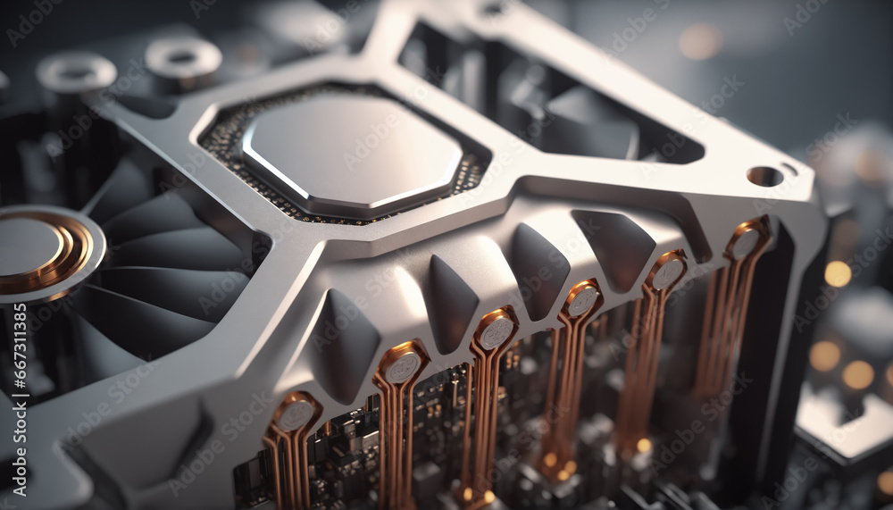 Poster Close-up of a GPU fan in silver metallic material with shallow depth of field, showcasing AI hardware. Ideal for tech and AI concepts.