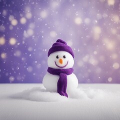 Obraz premium Cute snowman wearing purple scarf on a snowy area and bokeh light background