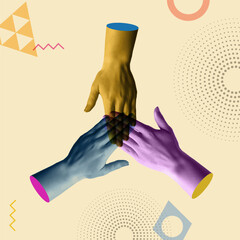 Top view of diverse hands working together in 90s collage vector style