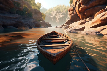 Sailing in a along the river to the waterfall. View from the boat at Amazon river, with rocky shores. POV wooden boat. Generative AI