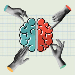 Left and right brain and hads group in retro collage vector design