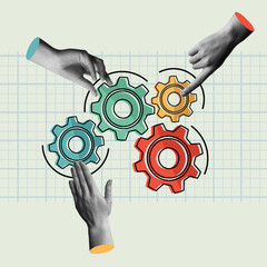Teamwork planning strategy, gears and hands group in vector collage style.