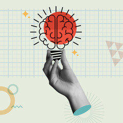 Human brain idea concept and hands in retro collage vector illustration