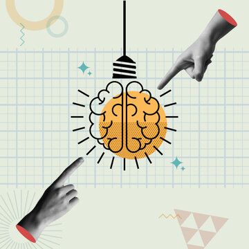 Human brain idea concept and hands in retro collage vector illustration