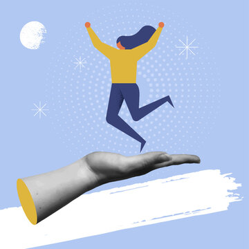 Woman with exalted mood over hand in retro collage vector illustration