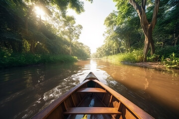 Obraz premium Sailing in a boat through the flooded forest in Amazon. View from the boat at Amazon river, with a dense forest on the shore and blue sky. POV wooden boat. Generative AI