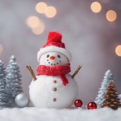 Fototapeta premium Cute snowman wearing red scarf on a snowy area and bokeh light background
