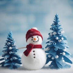 Cute snowman wearing red scarf on a snowy area and bokeh light background