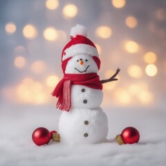 Obraz premium Cute snowman wearing red scarf on a snowy area and bokeh light background