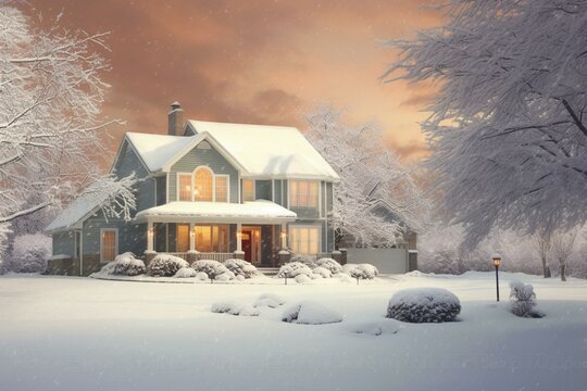 Snowfall on suburban house and snowy lawn with snow in forefront. Generative AI