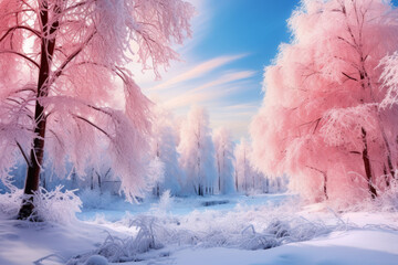 Beautiful winter landscape, covered trees, iced river