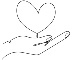Continuous one line drawing hand with heart. Charity donation linear concept. Vector illustration isolated on white.