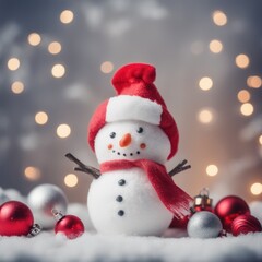 Fototapeta premium Cute snowman wearing red scarf on a snowy area and bokeh light background