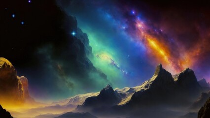 Nebula seen from mountain. Gascloud. Cosmic art. Galactic art. 4K - 8K - 12K TV. Generative AI.