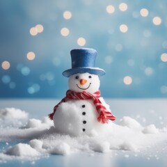 Obraz premium Cute snowman wearing red scarf on a snowy area and bokeh light background