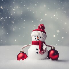 Cute snowman wearing red scarf on a snowy area and bokeh light background