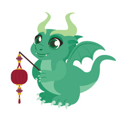 Cute little dragon with Chinese lantern on white background