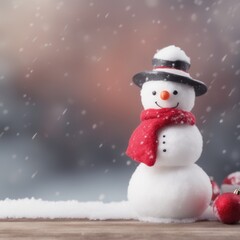 Fototapeta premium Cute snowman wearing red scarf on a snowy area and bokeh light background