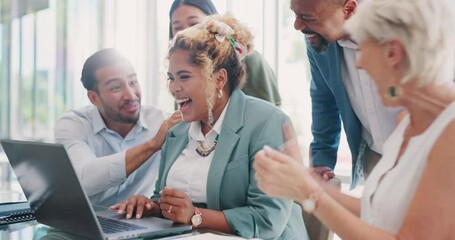 Happy employees, celebration and applause for success, bonus or target achievement together at a laptop excited while reading notification. Men and women at office for motivation and to celebrate
