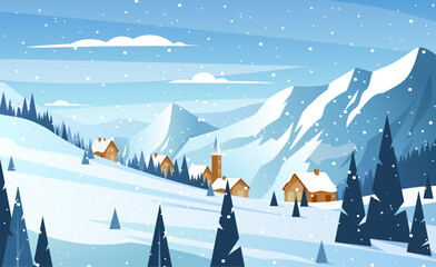 Winter mountain landscape. Vector illustration of ski resort with snowy hill, field, slope, forest, village, hotel, houses. Outdoor holiday activity in Alps mountains. Wintertime. Active weekend