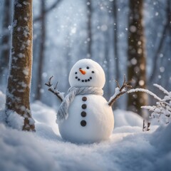 Obraz premium A Cute snowman wearing a grey scarf on a snowy area and bokeh snowyy background