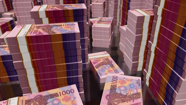 West African CFA money Franc Niger Mali Senegal Africa notes packs loop. 3D flight over 1000 XOF  banknotes stacks. Loopable seamless abstract background concept of business, economy and finance.