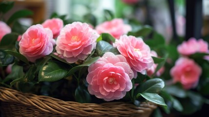 Camellia flowers in a basket on the table. Camellia Flower. Mother's day concept with a space for a...