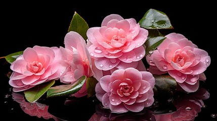 Beautiful pink camellia flowers with water drops on black background. Camellia Flower. Mother's day...