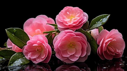 Pink camellia flowers with water drops isolated on black background. Camellia Flower. Mother's day...