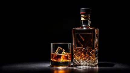 Fotobehang Glass and unbranded bottle of whisky isolated on black background, mockup with copy space for text. Alcohol product presentation, promotion, marketing. © Aul Zitzke
