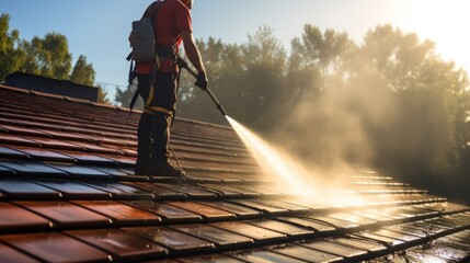 House Roof Washing Using Pressure Washer. - obrazy, fototapety, plakaty
