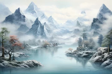 Fotobehang Traditional Chinese artwork depicting serene landscapes of mountains and water. Generative AI © Ibrahim