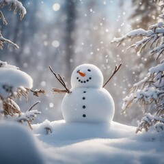 Fototapeta premium A Cute snowman on a snowy area and bokeh snow background