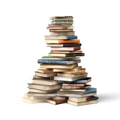 a large stack of old books on a white background