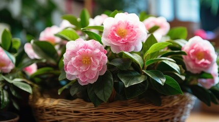 Camellia flowers in a basket on the table in the garden. Camellia Flower. Mother's day concept with...