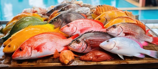 Assorted fish showcased at Kota Kinabalu s fish market in Malaysia - obrazy, fototapety, plakaty