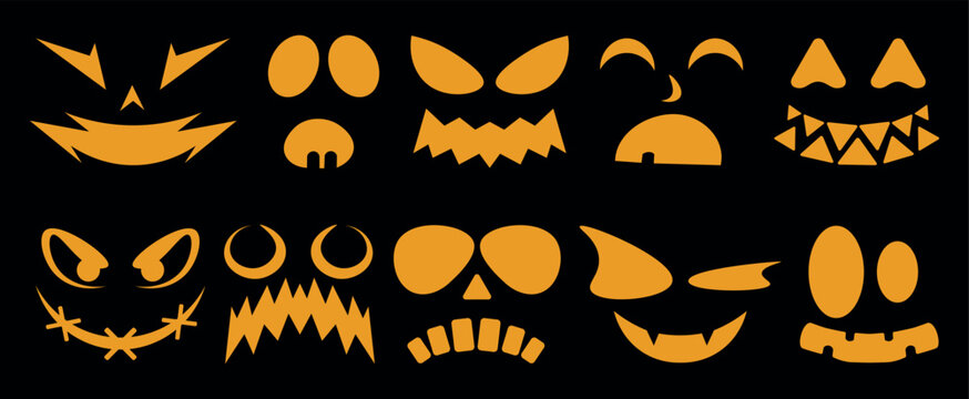 Set of Halloween monster and ghost faces on black background