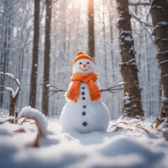 A Cute snowman wearing an orange color scarf on a snowy area and a bokeh snowy background