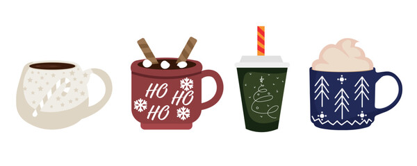 Different cups of hot chocolate on white background