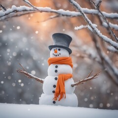 A Cute snowman wearing an orange color scarf on a snowy area and a bokeh snowy background