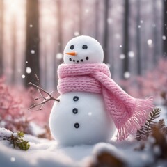 Obraz premium A Cute snowman wearing a pink scarf on a snowy area and bokeh snowy background