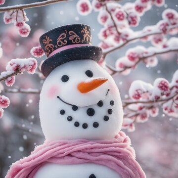 A Cute snowman wearing a pink scarf on a snowy area and bokeh snowy background