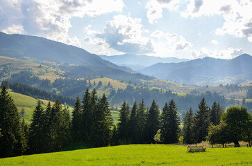 A scenic view of the mountains landscape, forest, meadows and pasture on the background with a...