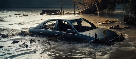 Fototapeta premium Car submerged in river due to flooding