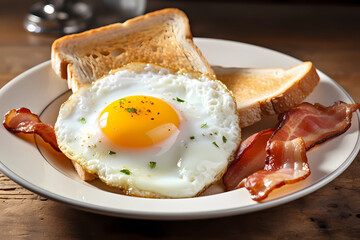 breakfast of egg, bacon and toast on a plate - obrazy, fototapety, plakaty