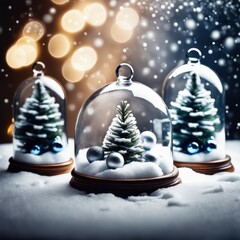 Christmas trees and balls under snow in a glass dome. Creative still life with copy space.