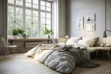 Bedroom, Scandinavian style, 3D rendering. Generative AI
