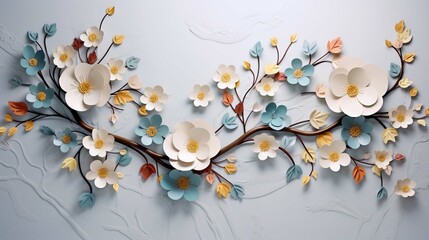 Elegant colorful 3D flowers with leaves on a tree illustration background. 3D abstraction wallpaper for Interior mural painting wall art decor.