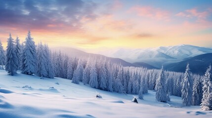 Impressive winter morning in Carpathian mountains with snow covered fir trees. Colorful outdoor scene, Happy New Year celebration concept.