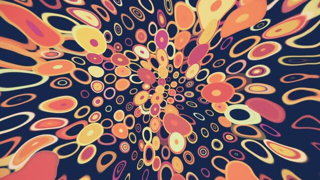 Trendy trippy 1970s retro pattern background animation with groovy colorful psychedelic circles and concentric circles. This fun vintage motion background is full HD and a seamless loop.